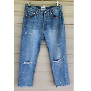 Umgee Medium Wash Button Fly Destroyed Paint Splatter Crop Fray Jeans Size 28‎